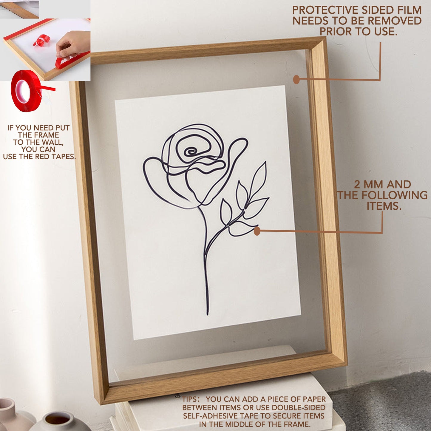 A3 Double Sided Glass Floating Frame Transparency Frame Shadow Box Photo Frames Size - OAK Natural