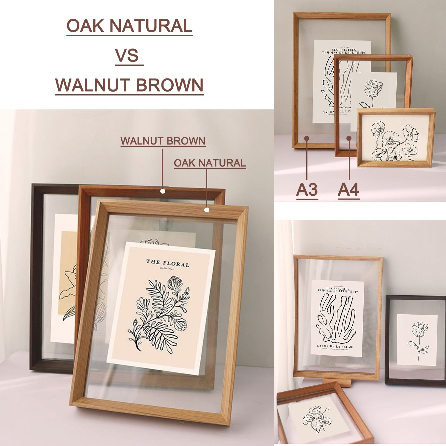 A3 Double Sided Glass Floating Frame Transparency Frame Shadow Box Photo Frames Size - OAK Natural