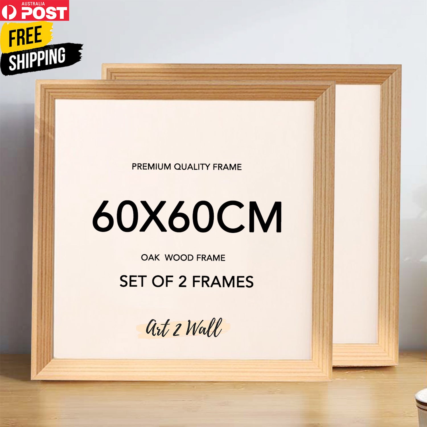 SET OF 2 - 60x60 CM Frame Oak Square Wood Picture Frame 24 inch